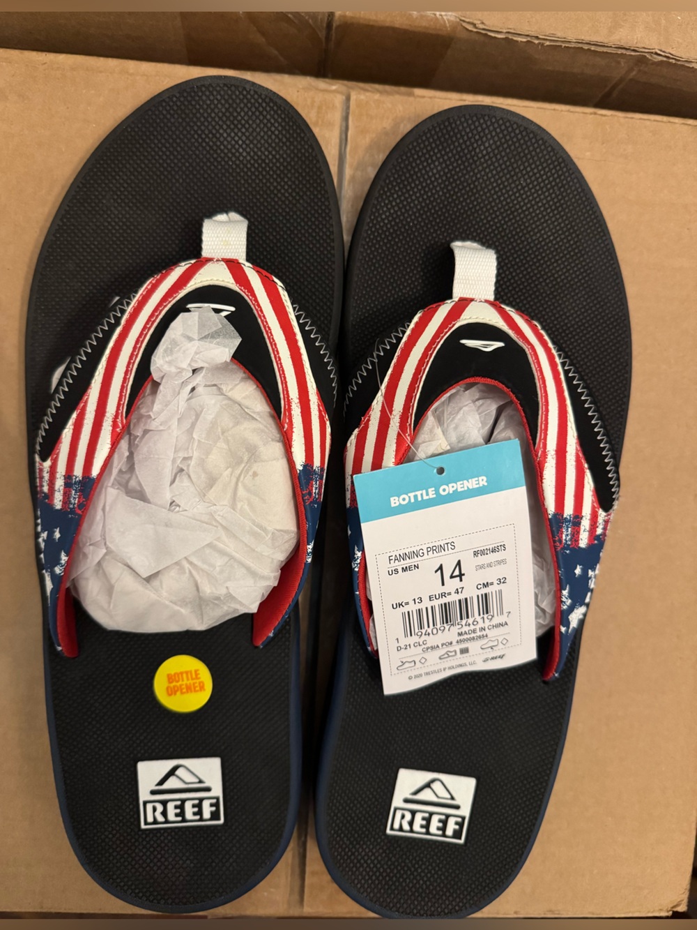 Reef Men's Fanning Stars & Stripes Sandals Size 14-Brand New!